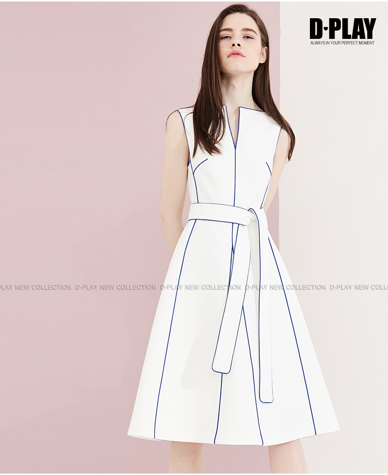 DPLAY Depala mùa hè Châu Âu và Mỹ trắng không tay eo tie chic dress màu sắc tương phản mosaic dress váy dài