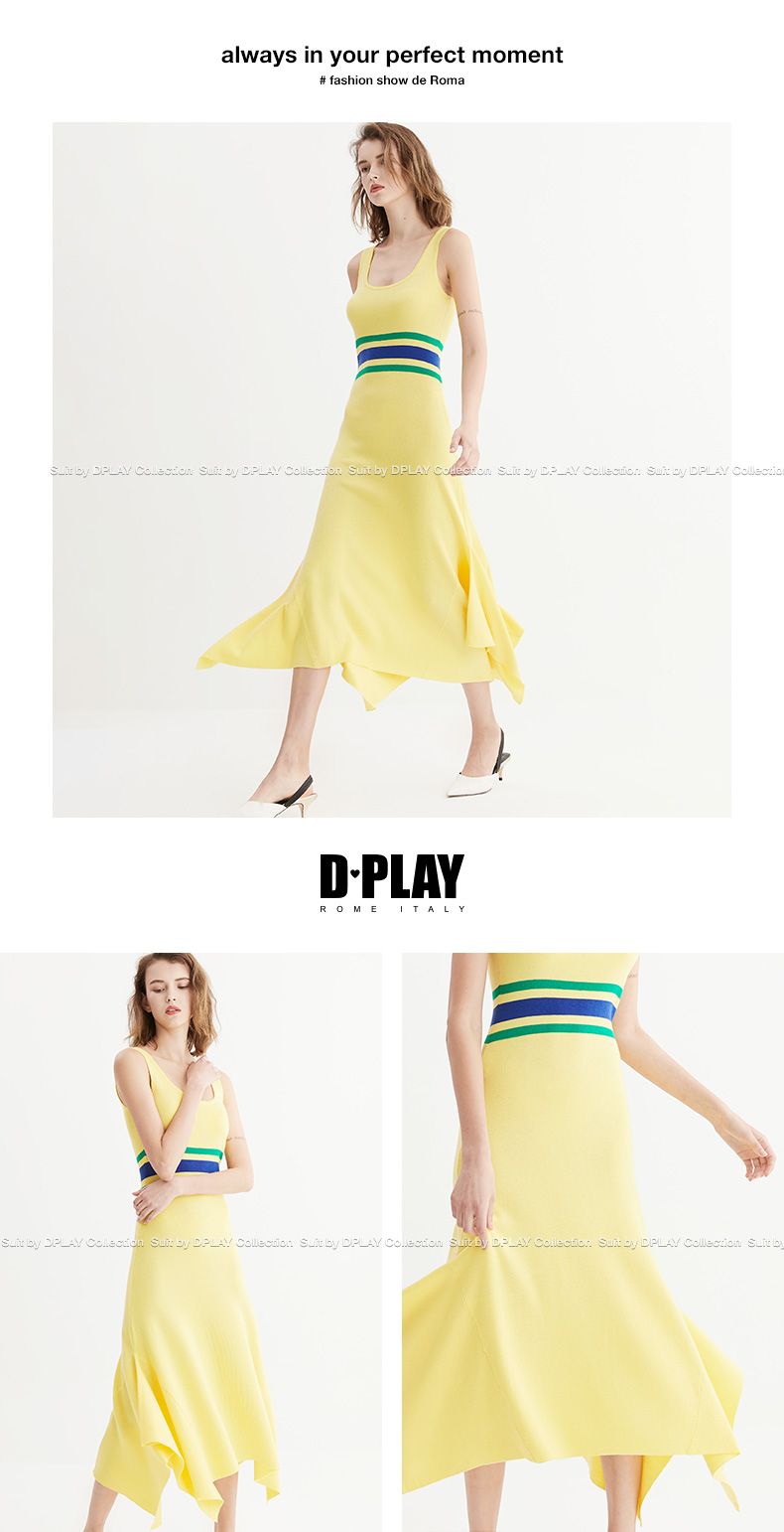 DPLAY2018 mùa xuân và mùa hè mới Châu Âu và Mỹ vàng vòng cổ sọc khâu không thường xuyên hem dress