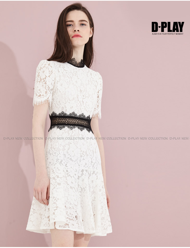 DPLAY Depala đầu mùa thu Châu Âu và Mỹ trắng ren khâu dress đen eo lady tính khí Một từ váy đầm ngắn xòe