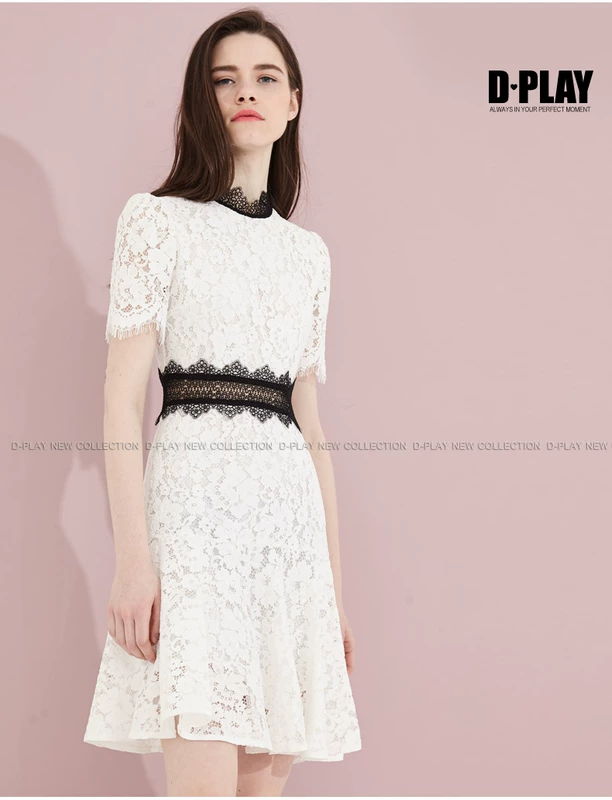 DPLAY Depala đầu mùa thu Châu Âu và Mỹ trắng ren khâu dress đen eo lady tính khí Một từ váy