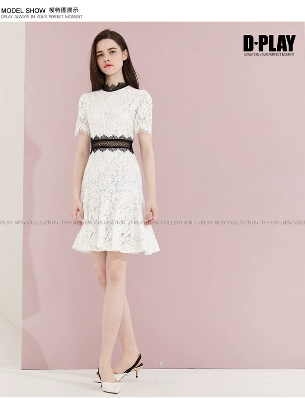 DPLAY Depala đầu mùa thu Châu Âu và Mỹ trắng ren khâu dress đen eo lady tính khí Một từ váy