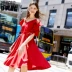 DPLAY Depala 2018 mùa hè mới châu Âu và Mỹ đỏ v- cổ dây đeo xù ngắn tay eo đầm các kiểu váy giấu bụng Sản phẩm HOT
