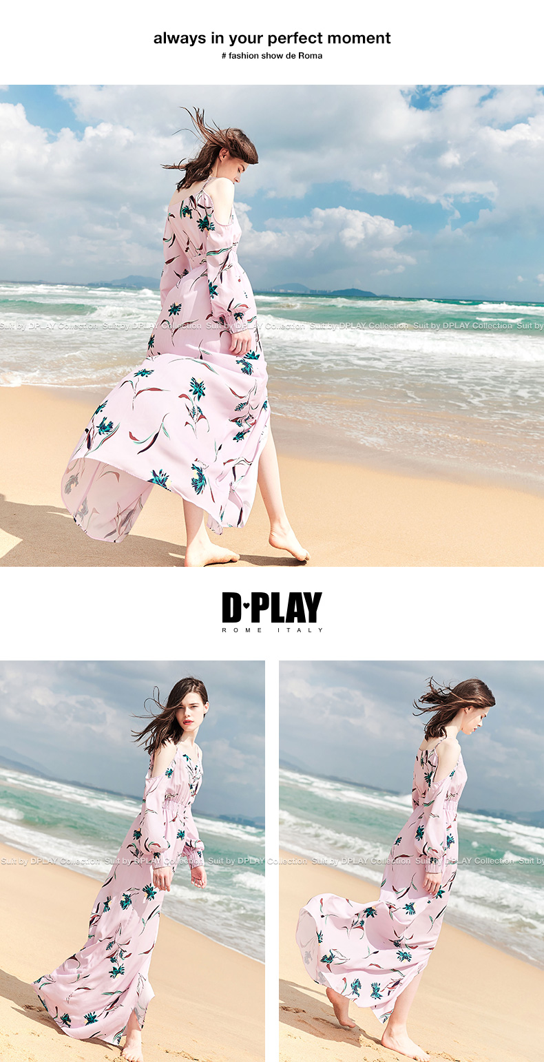 DPLAY2018 mùa xuân và mùa hè mới Châu Âu và Mỹ hồng in strapless dài tay voan váy V-Cổ đơn ngực bãi biển váy