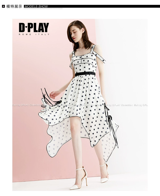 DPLAY2018 mùa hè mới Châu Âu và Mỹ trắng năm cánh sao in không thường xuyên stomacher strap dress