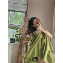 MMCC extremely brief 2022 spring new v collar sleeveless green dress with long style dress with waistcoat bottom vest dress
