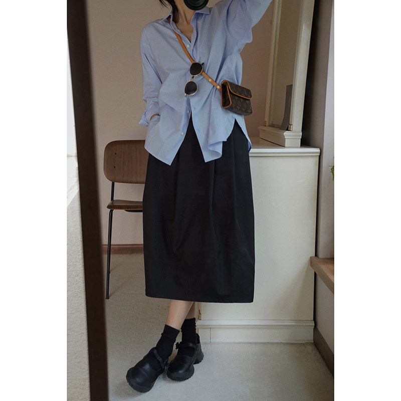 MMCC2022 spring new casual black 100 hitch waist rear elastic waist with long version half body skirt woman