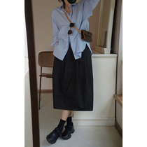MMCC2022 spring new casual black 100 lap high back and loose waist mid length half body skirt woman