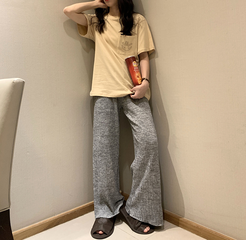 yesroom22 summer new Korean version of the all-match pit strip pleated elastic hemp gray elastic waist knitted pants wide-leg pants
