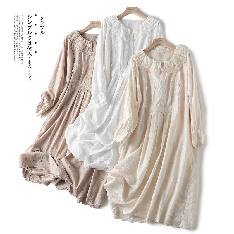 Vintage hollow out embroidery long sleeve peter pan collar loose cotton dress 2020 autumn