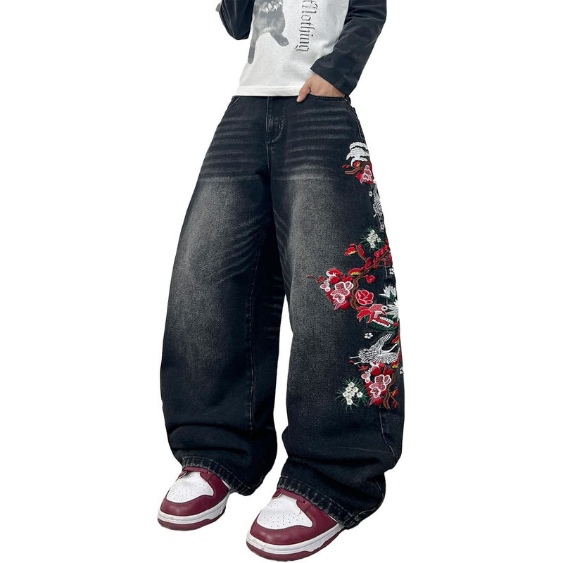 Leg Baggy Jeans Floral Embroidered Fit Skater Denim Pants