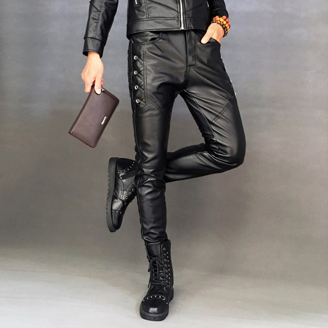 2023 Autumn/Winter Men's Leather Pants Korean Edition Slim Fit Small Feet Pants for Takeout, Riding, Velvet and Warm Men's Motorcycle Trendy Pants