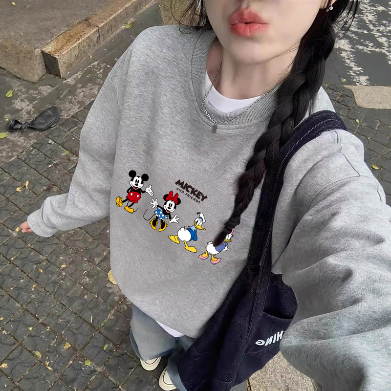 Mickey Crew Neck Sweatshirt for Men and Women, Petite Sizes, 2026 New Autumn and Winter American Style Trendy Brand, Gray Fleece-Lined Thickened Top