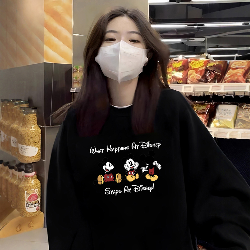 Black Sweatshirt for Women, Round Neck, Loose, Lazy Style, American Trendy Brand, Mickey Long-Sleeve, Hoodless Pullover, Fleece-Lined, Thickened Top