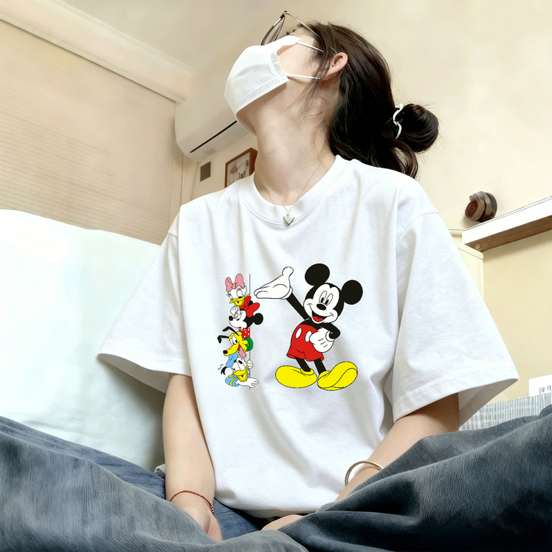 Mickey Trendy Brand Pure Cotton Short-Sleeve T-Shirt for Women, Round Neck, Loose Fit, Slimming, Half-Sleeve, 2026 New Popular Style, Lazy Style Top
