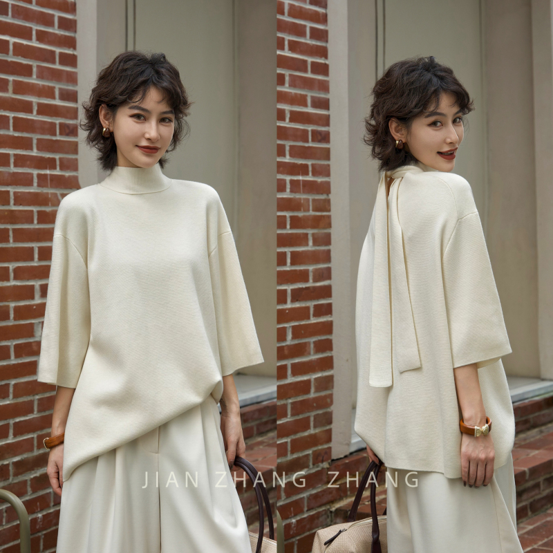 Jianzhangzhang【Jingyu Zhibai】Fine-Spun Wool Turtleneck with Tie Design, Fashionable and Slimming Knit Sweater