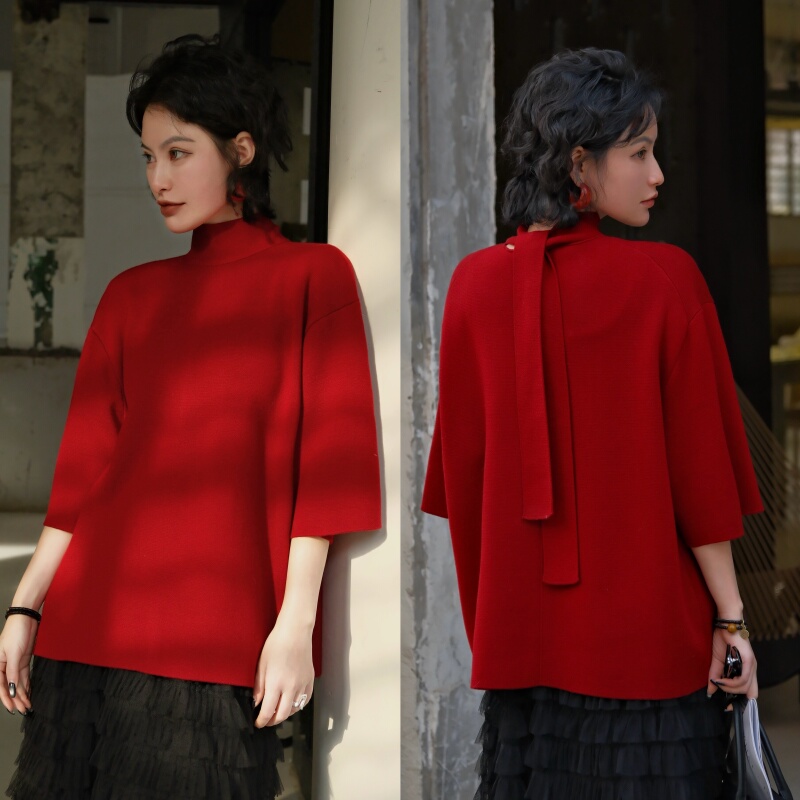 Jianzhangzhang【Hongluanyin】Fine Wool Half-High Collar Sweater with a Neat Back Ribbon Design and Mid-Sleeve Knit