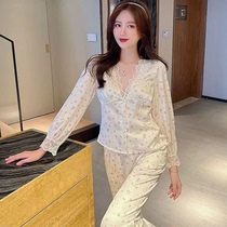 Floral Pajamas Womens Ice Silk Spring and Autumn New Ice Silk French Retro Lace Sexy V-neck Long Sleeve Home Clothes