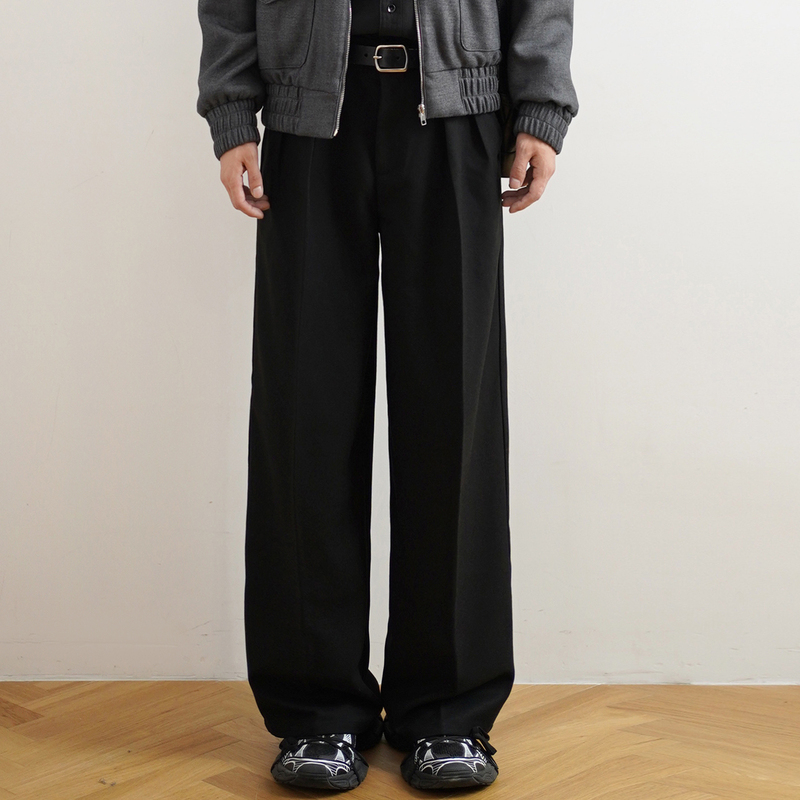 Shijoin Original Metal Buckle Black Casual Trousers with Double Pleats Design Straight Loose Wide-Leg Pants 200254