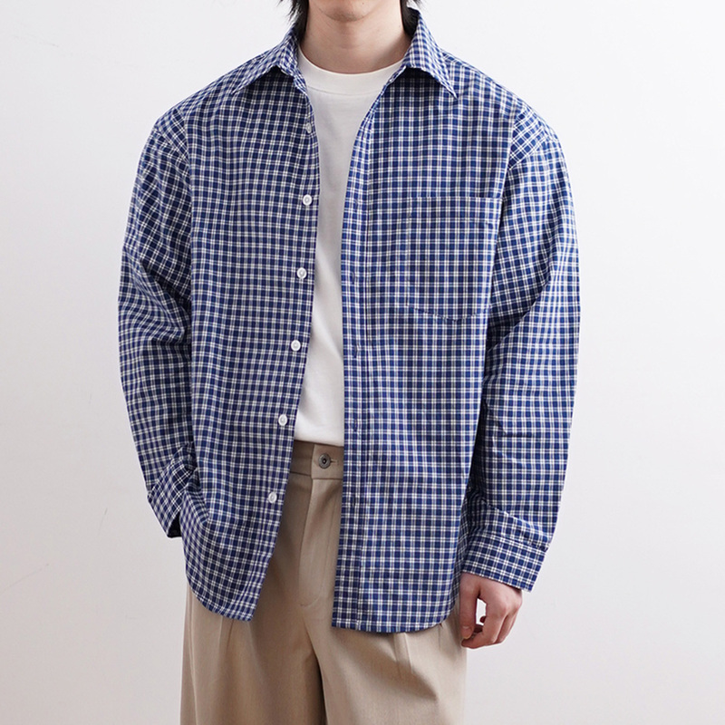 Shijoin Original Dark Blue Plaid Shirt Pure Cotton Wide Shoulder Casual Miu Style Preppy Long-Sleeved Top 200117