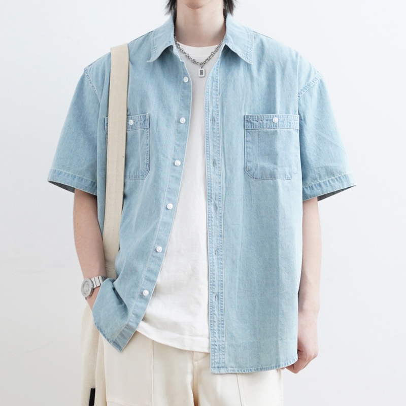 Shijoin Original Light Blue Denim Short-Sleeved Shirt Heavy Washed Vintage Distressed Top Cardigan 200158 Shijoin Original Light Blue Denim Short-Sleeved Shirt Heavy Washed Vintage Distressed Top Cardigan 200158