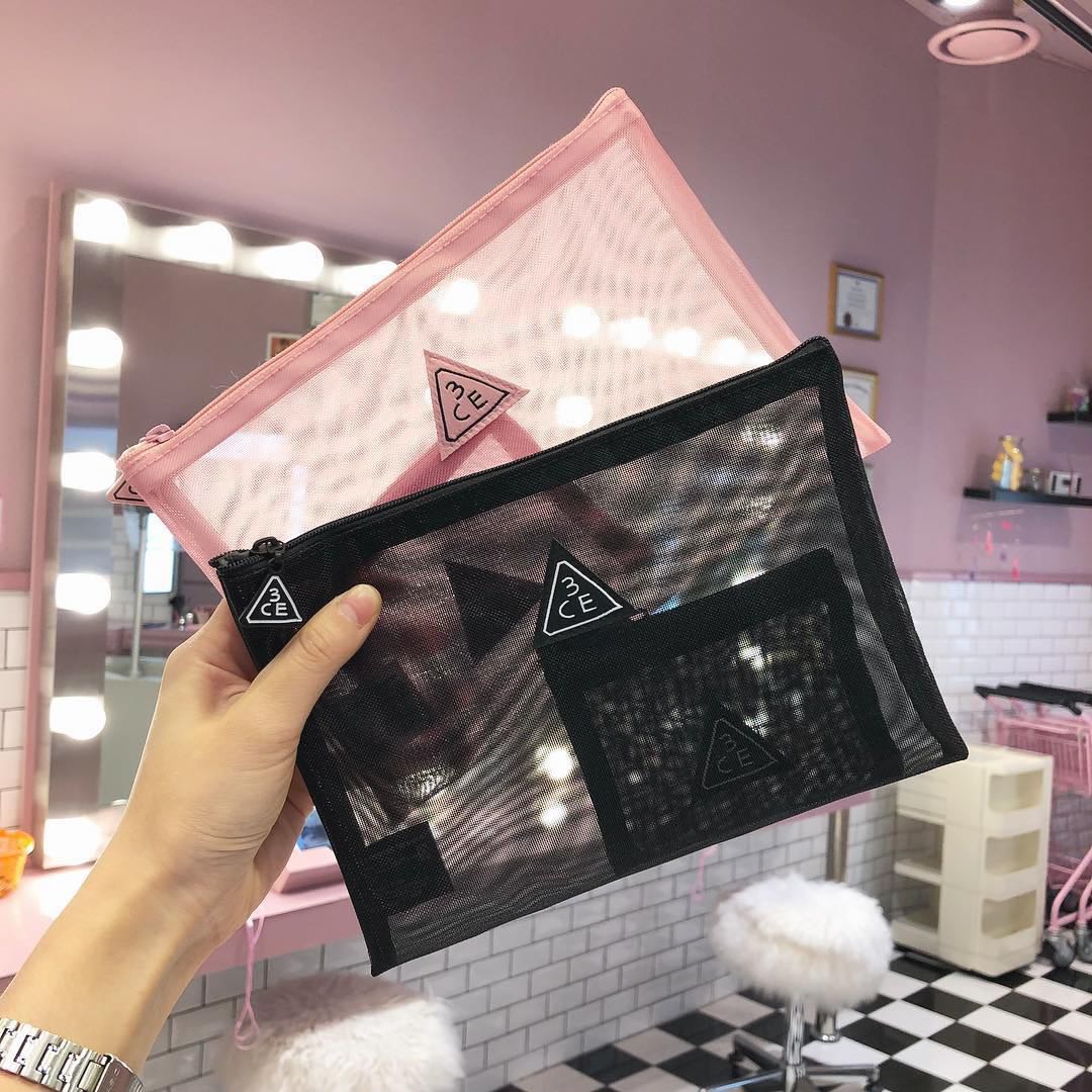 South Korea 3ce pink grid makeup bag primary-secondary package cow milk powder big makeup bag small zero wallet