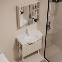 Small apartment floor-standing wash basin cabinet combination narrow edge cream style solid wood bathroom cabinet ceramic wash basin sink