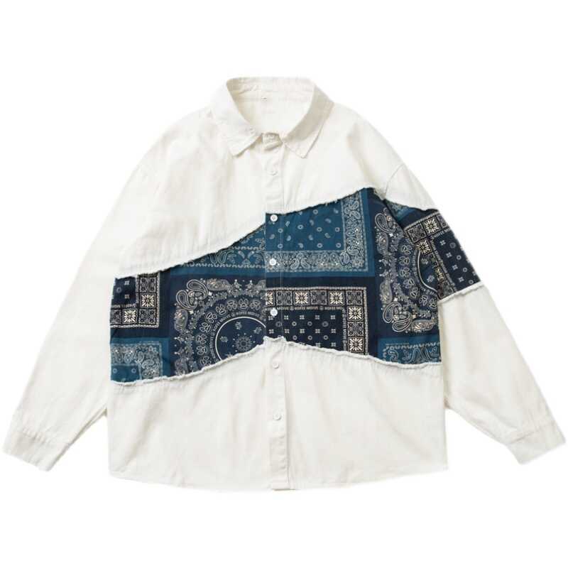 Brand 50% off】Kapital Japa Flat-Front Shirt, Spring and Autumn Style, Printed Men's Patchwork Ethnic Style Loose Fit