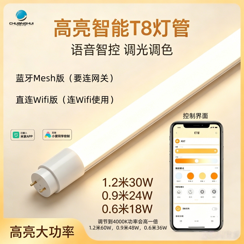 High-Power Smart Fluorescent Lamp Ledt8T5 Supports Mi Home App and Xiao Ai Voice Control for Dimming and Color Adjustment
