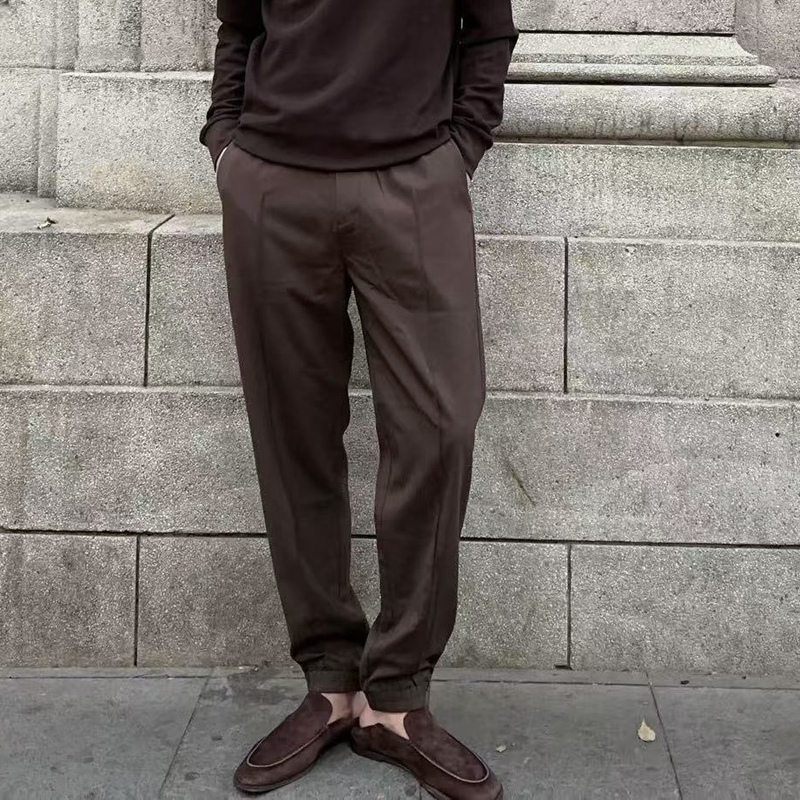 Spring and Summer Thin Wool Stretch Jogger Pants, Fitted Straight-Leg Cuffed Pants, Men's Long Pants, Simple Casual Pants with Elastic Waistband