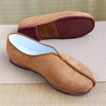 New old Beijing cloth shoes mens leather one pedal soft bottom low heel single shoes soft bottom Monk shoes orange soot handmade shoes