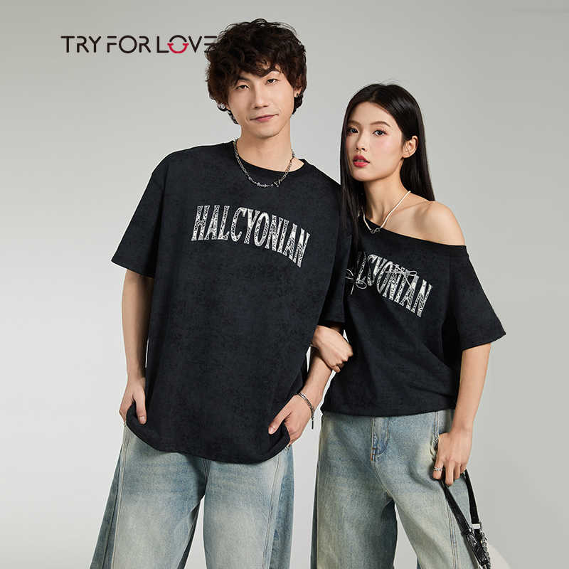 Tryforlove Couple's Clothing Niche Design Short-Sleeved T-Shirts for Men and Women 2026 New Casual Slanted Shoulder One Long One Short