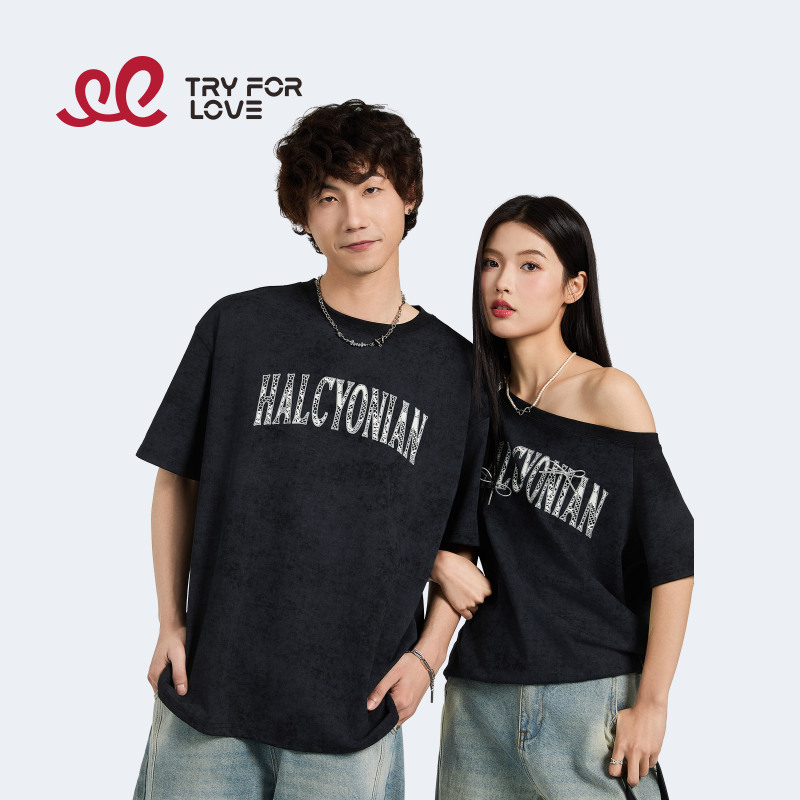 Tryforlove Couple Outfits Summer Casual Short-Sleeved T-Shirts for Men and Women 2026 New Versatile One-Shoulder One Long One Short