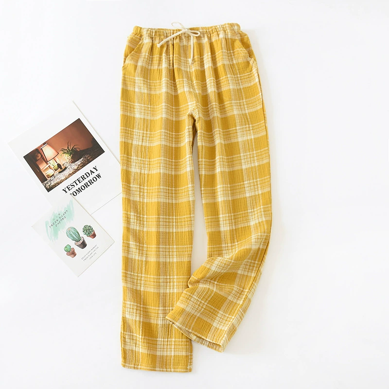 Sợi cotton đã giặt sạch Quần dài ở nhà kẻ sọc Crepe Bộ đồ ngủ cotton mỏng mùa xuân và mùa hè Cặp nam nữ - Quần tây