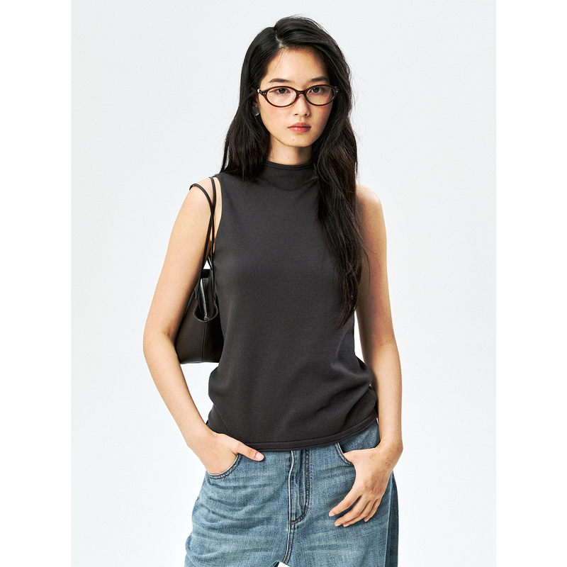 Mrs Studios Retro Fashionable 90S Minimalism Half-High Collar Dry-Fit Cotton Knitted Sleeveless Vest Mrs Studios Retro Fashionable 90S Minimalism Half-High Collar Dry-Fit Cotton Knitted Sleeveless Vest
