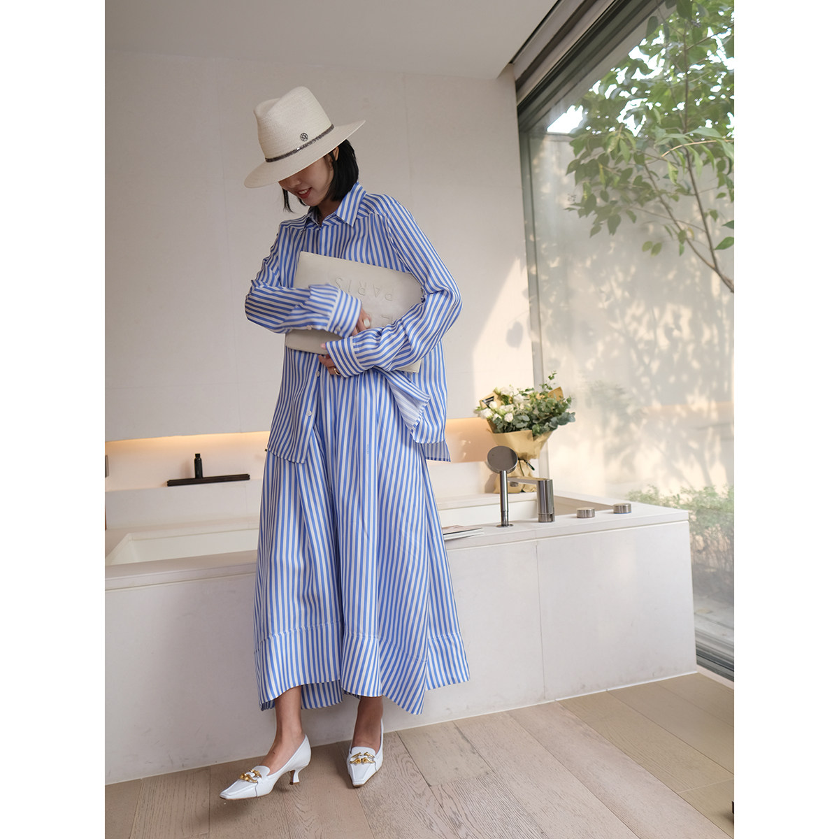 MRS Studios exclusive custom 19 m m m twill silk jil s * nd blue and white striped shirt skirt