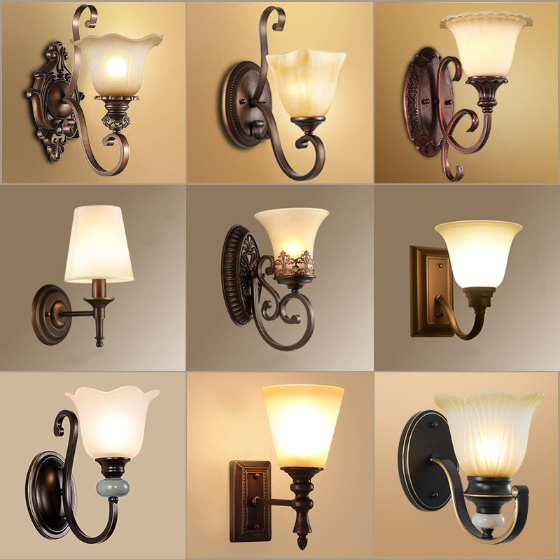 American-Style Wall Lamp Single-Head Double-Head European-Style Retro Iron Art Living Room Background Wall Bedroom Bedside Lamp Staircase Aisle Lighting
