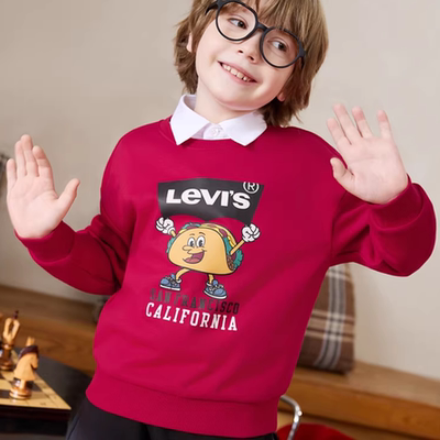 【新年马年】李维斯男童红色卫衣加绒儿童套头2026拜年过年衣服女