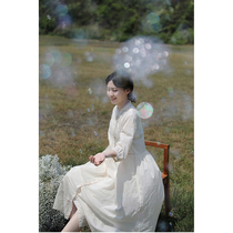 An old original with summer style cheese color light and thin tuscan cotton round collar handmade embroidered cardiovert shirt with dress 4752