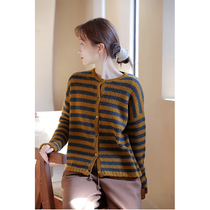 An old original with winter style Songper yellow wide striped coarse wool round collar open flap knit warm sweater 6157-3