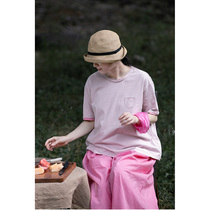 An old original with summer style cherry grass powder ideas cotton yarn round collar Jane approb. loose short sleeve knit T-shirt hanshirts 2575-8