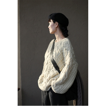 One old original three season beige beautiful slave wool thick needle hand play loose Alan sweater 6023
