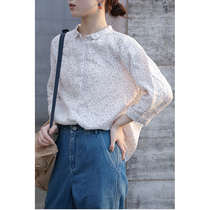 One old original late summer early autumn pure linen plain small floral lapel single row button loose shirt 4585
