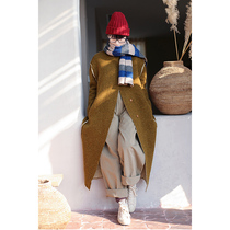 One old original winter thickened Moss yellow flower yarn front and back wear color single breasted loose cardigan coat 1206