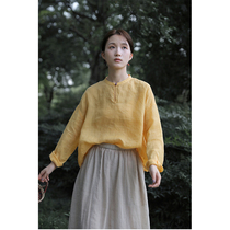 One old original 2021 summer Buddha yellow light thin clear Ramie Chinese style collar loose small shirt 3231