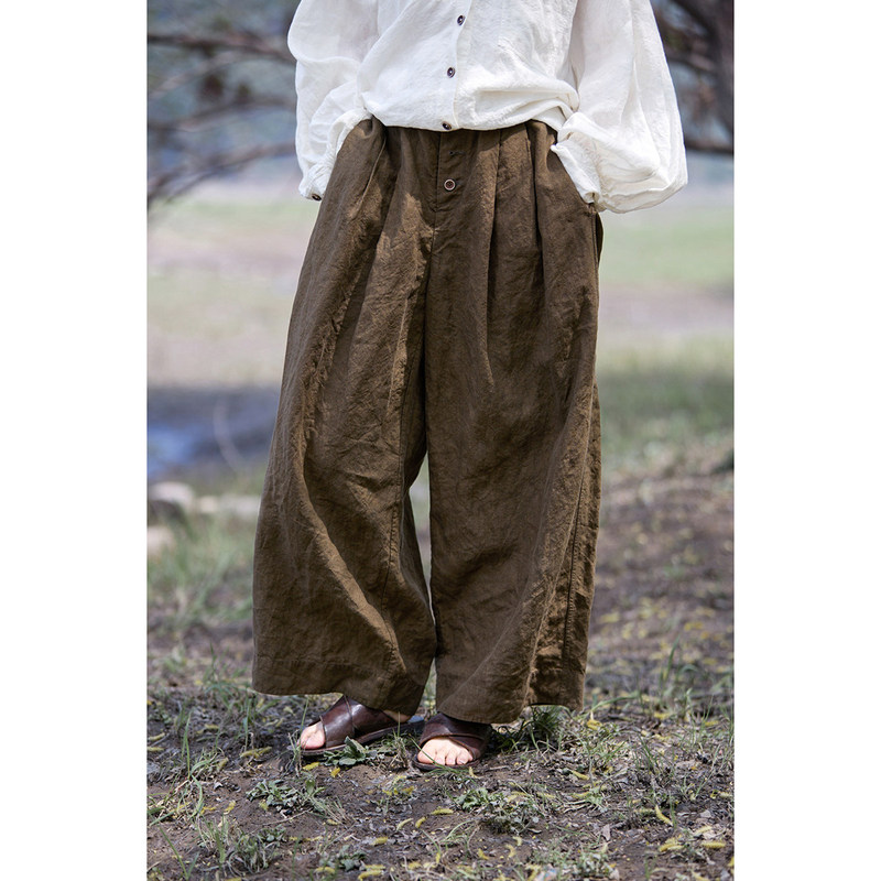 Original [Bestseller Revival] Xia Gancao Brown Linen Gentleman's Retro Loose Slimming Wide-Leg Pants 7738