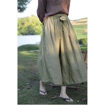 One old original early autumn three season cardamom Green sub twist yarn elastic waist drawstring loose wide leg pants skirt 3431