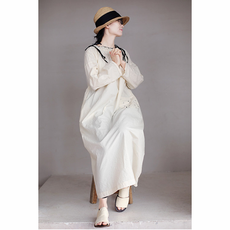 An old original spring linen cotton blended cheese white black lace collar hand embroidered loose dress 3315