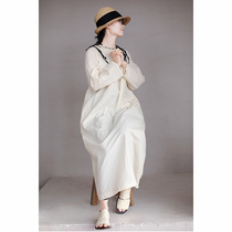 One old original spring hemp cotton blend cheese white black lace collar hand embroidered loose dress 3315