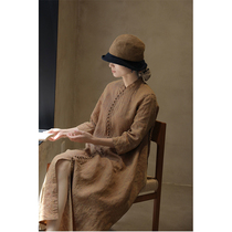 One old original early autumn 2021 sand yellow linen stand collar multi button long dress robe 4570