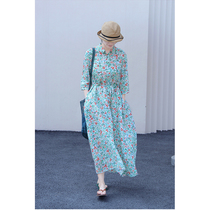 One old original 2021 summer model thin Ramie mint green floral lapel loose dress robe 5302-1